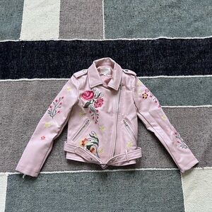 Hannah Banana Pink Faux Leather Floral Embroidered Jacket